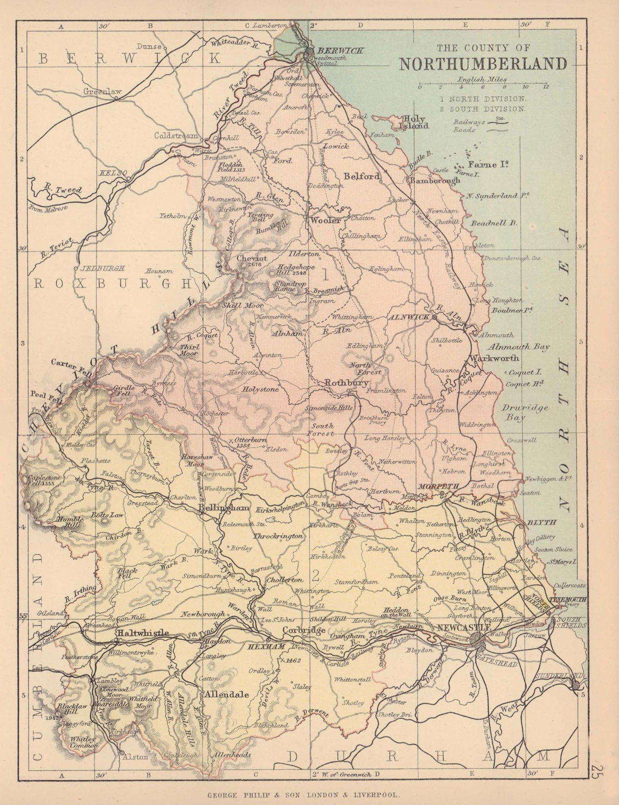 NORTHUMBERLAND. Antique county map. Railways roads. Constituencies. PHILIP 1885